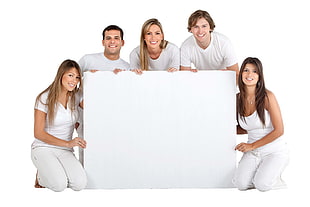 three women and two men in white top smiling for photo HD wallpaper